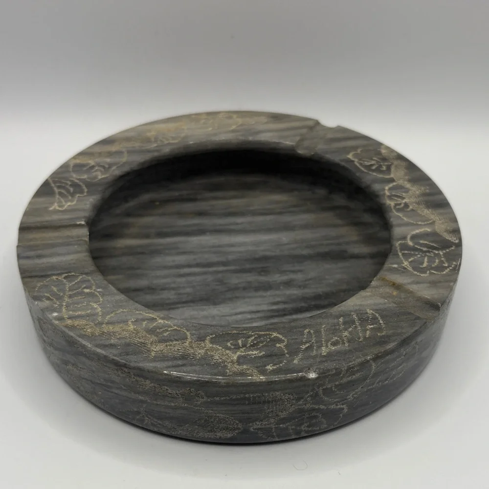 Vintage Handmade Round Etched Stone Trinket Dish Ashtray Catchall Keepsake Decor